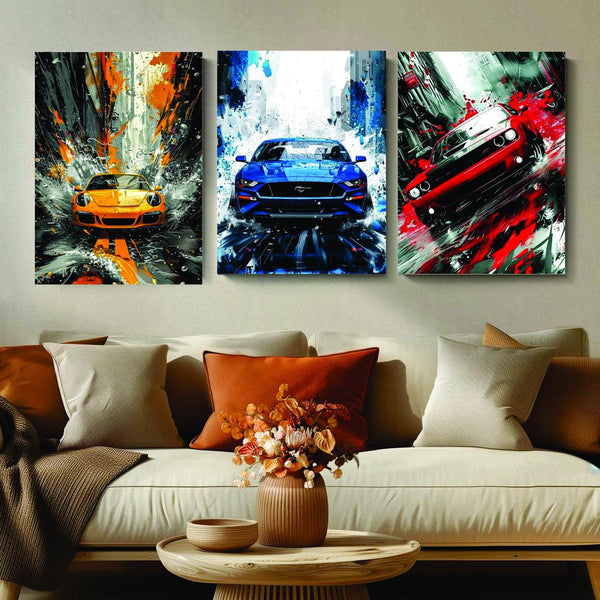 Colorful Cars Design Wall Art - Set of 3 Pcs
