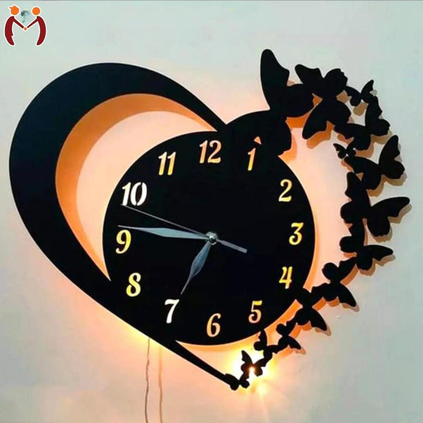 Heart Wooden Wall Clock With Premium Lights